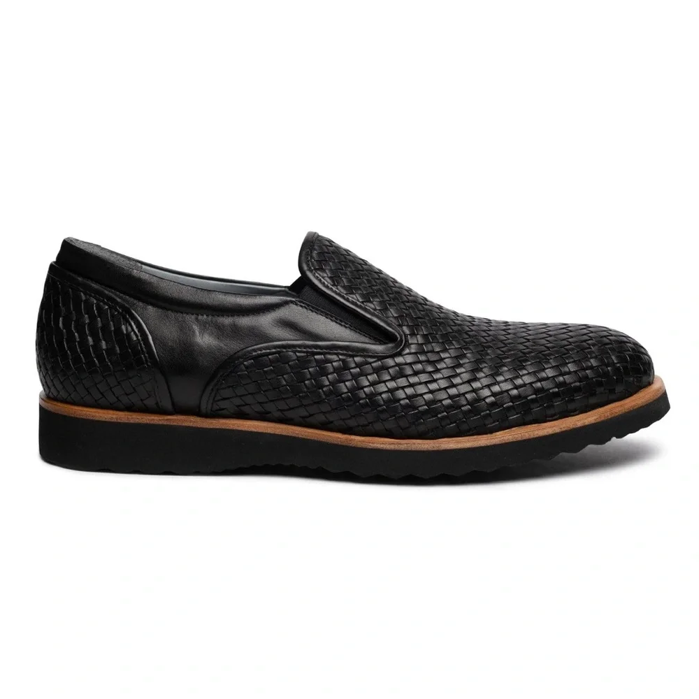Men's Black Woven Leather Slip-On Loafers